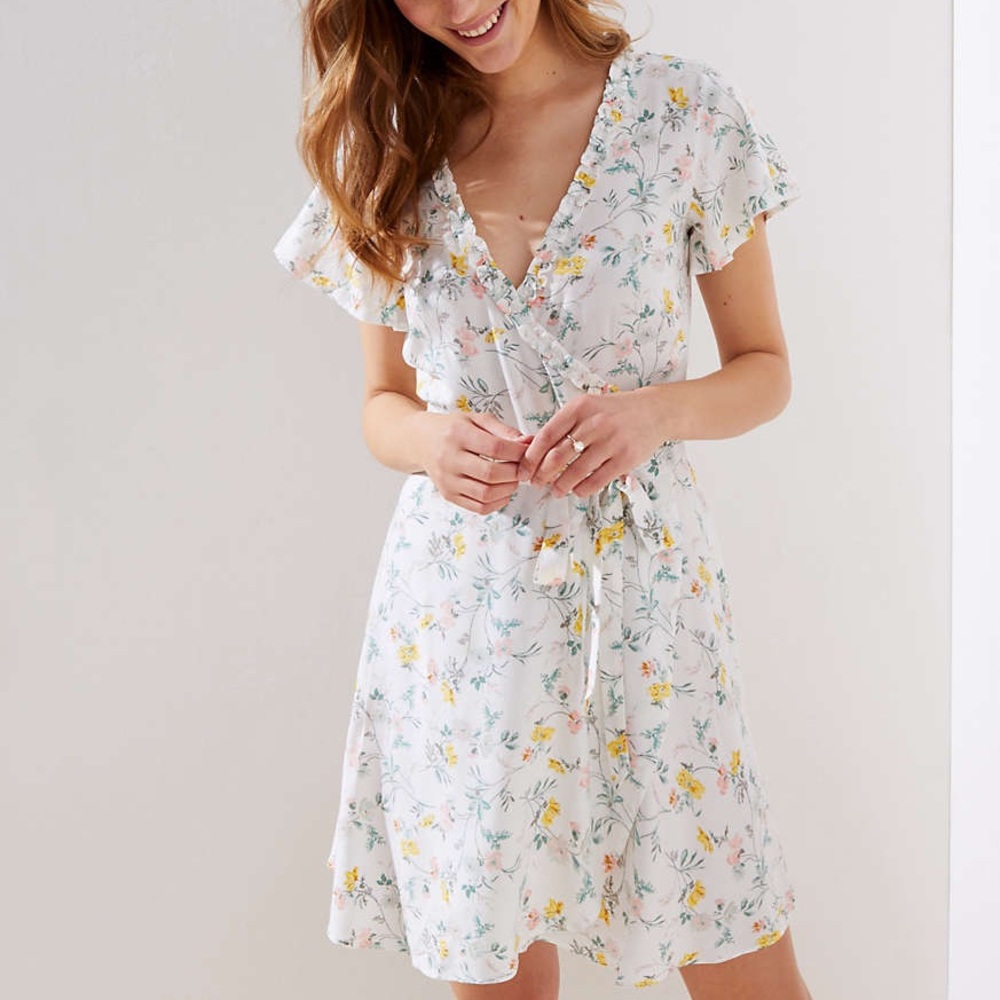 LOFT white floral wrap dress